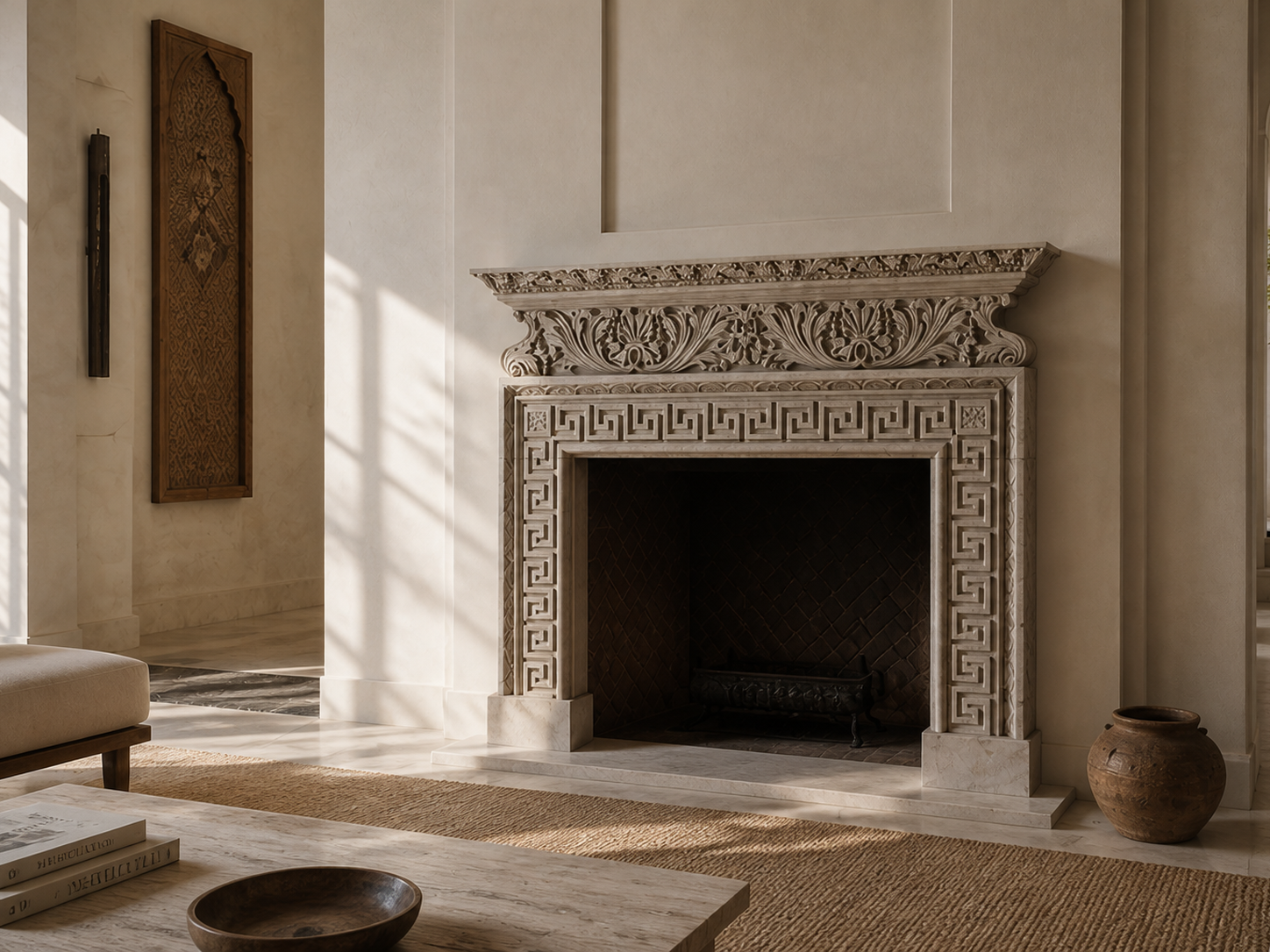 Naxos pale limestone fireplace mantel by 1-OPH, carved detail