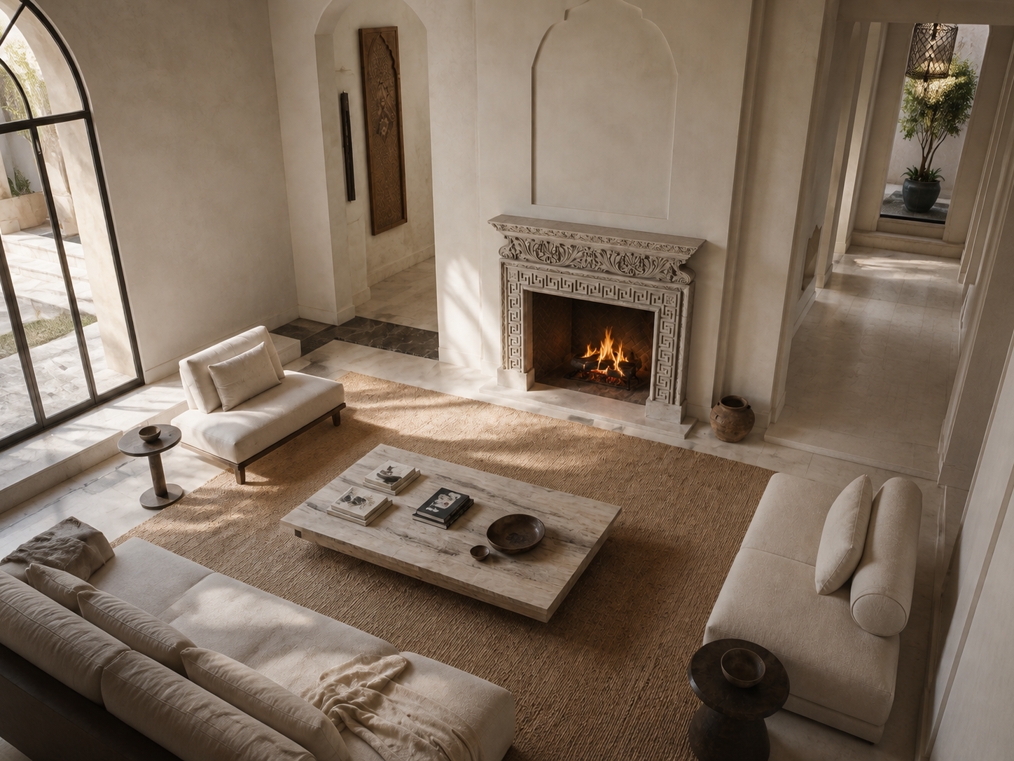 Naxos pale limestone fireplace mantel by 1-OPH, seen from above