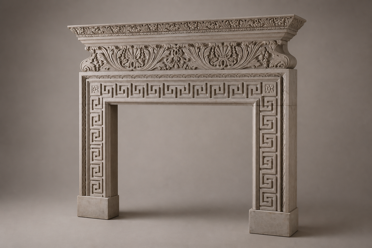 Naxos pale limestone fireplace mantel by 1-OPH, studio view