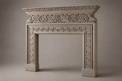 Naxos pale limestone fireplace mantel by 1-OPH, studio view