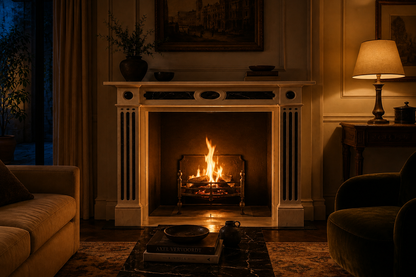 Vetta pale marble with black inlay fireplace mantel by 1-OPH, lit at night