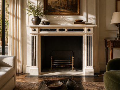 Vetta pale marble with black inlay fireplace mantel by 1-OPH, carved detail