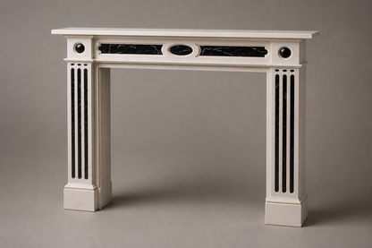 Vetta pale marble with black inlay fireplace mantel by 1-OPH, studio view
