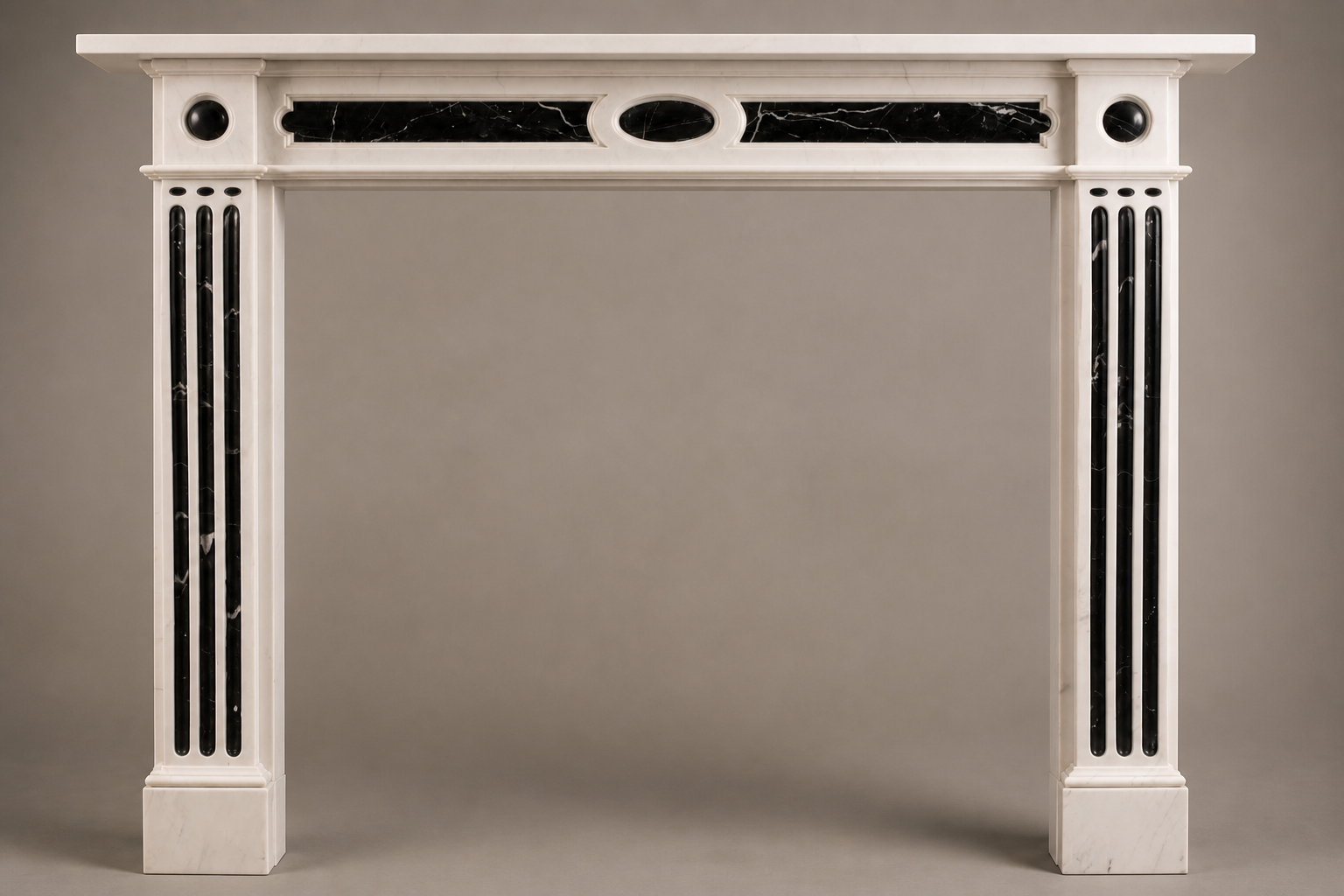 Vetta pale marble with black inlay fireplace mantel by 1-OPH, side elevation