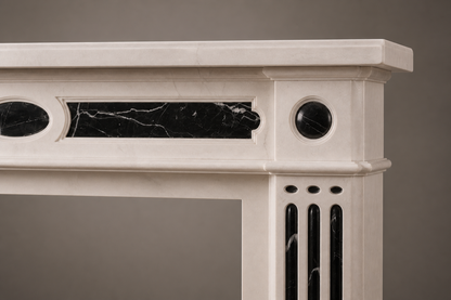 Vetta pale marble with black inlay fireplace mantel by 1-OPH, surface detail