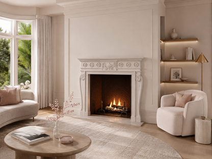 Suzu pale limestone fireplace mantel by 1-OPH, in a Dubai interior