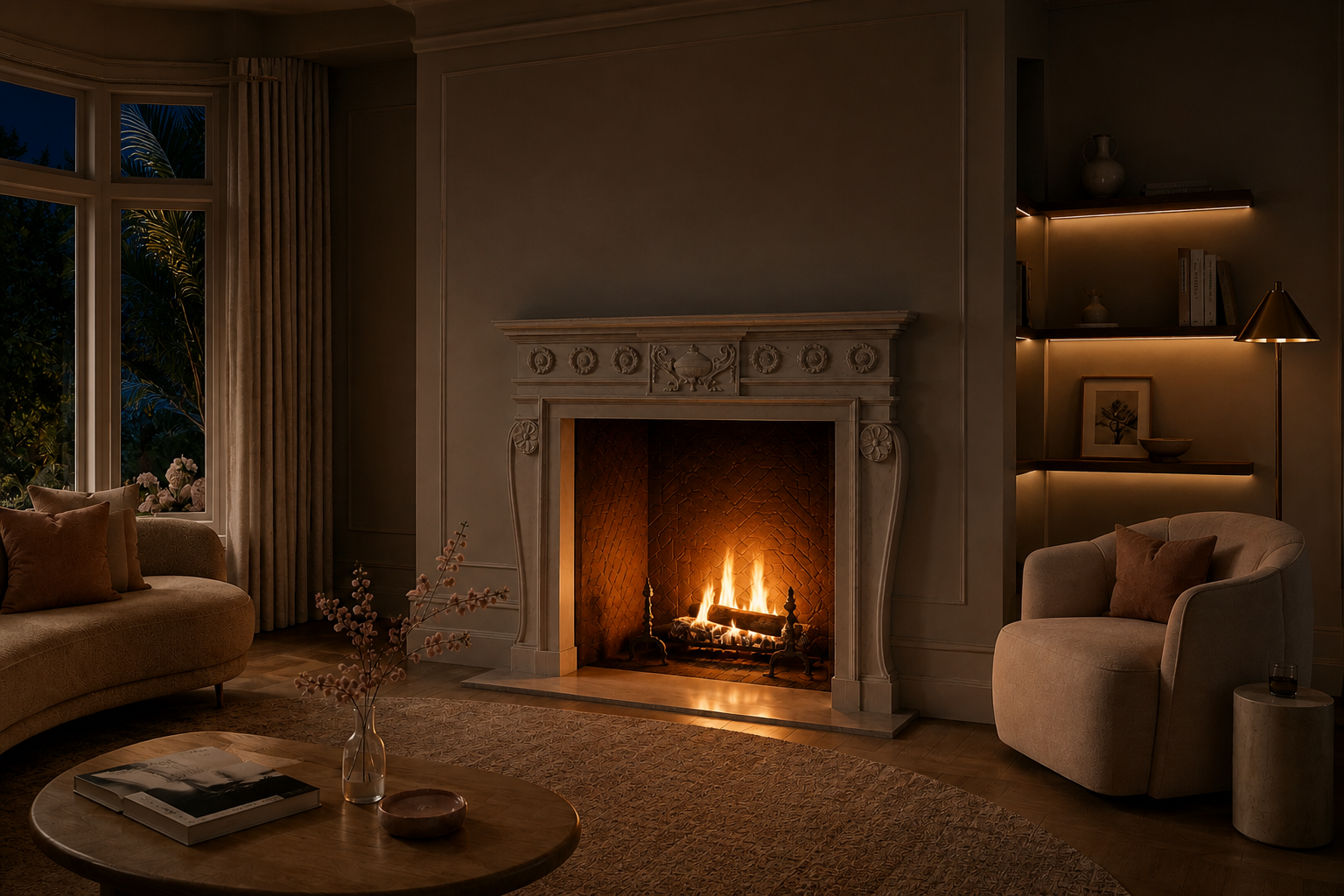 Suzu pale limestone fireplace mantel by 1-OPH, lit at night