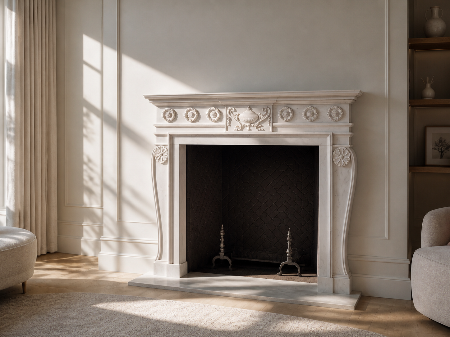 Suzu pale limestone fireplace mantel by 1-OPH, carved detail