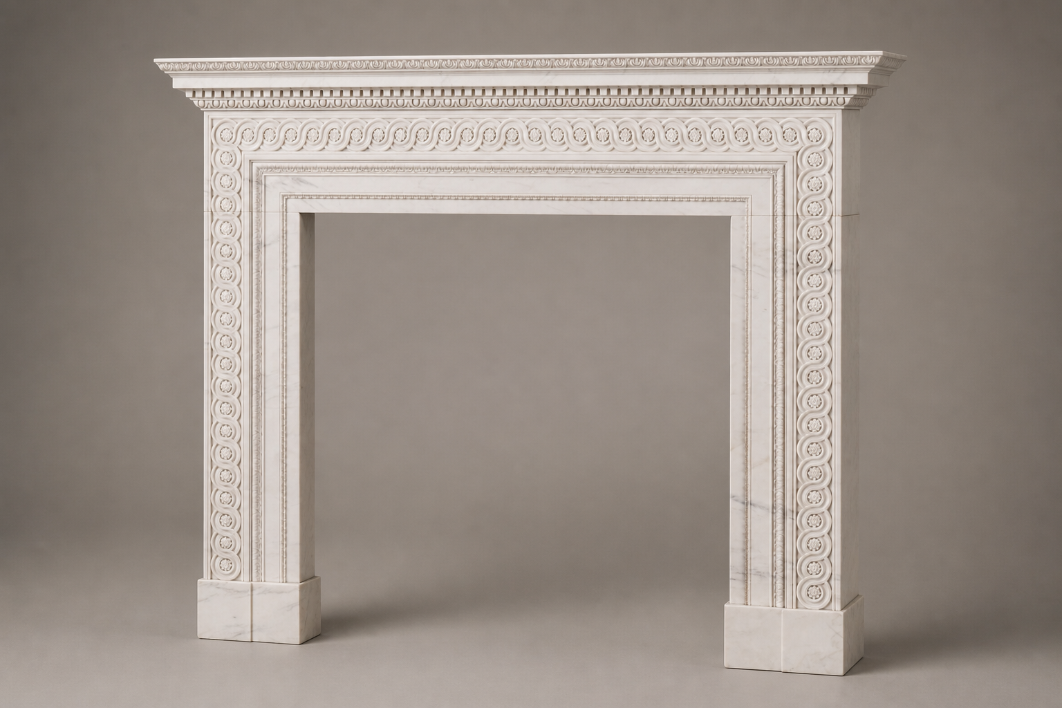 Suzu pale limestone fireplace mantel by 1-OPH, studio view
