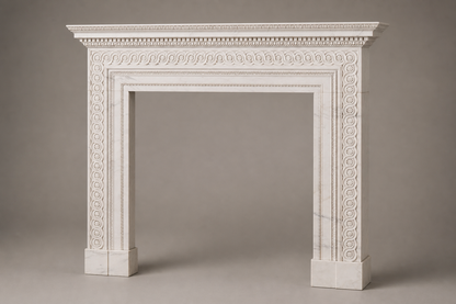 Suzu pale limestone fireplace mantel by 1-OPH, studio view