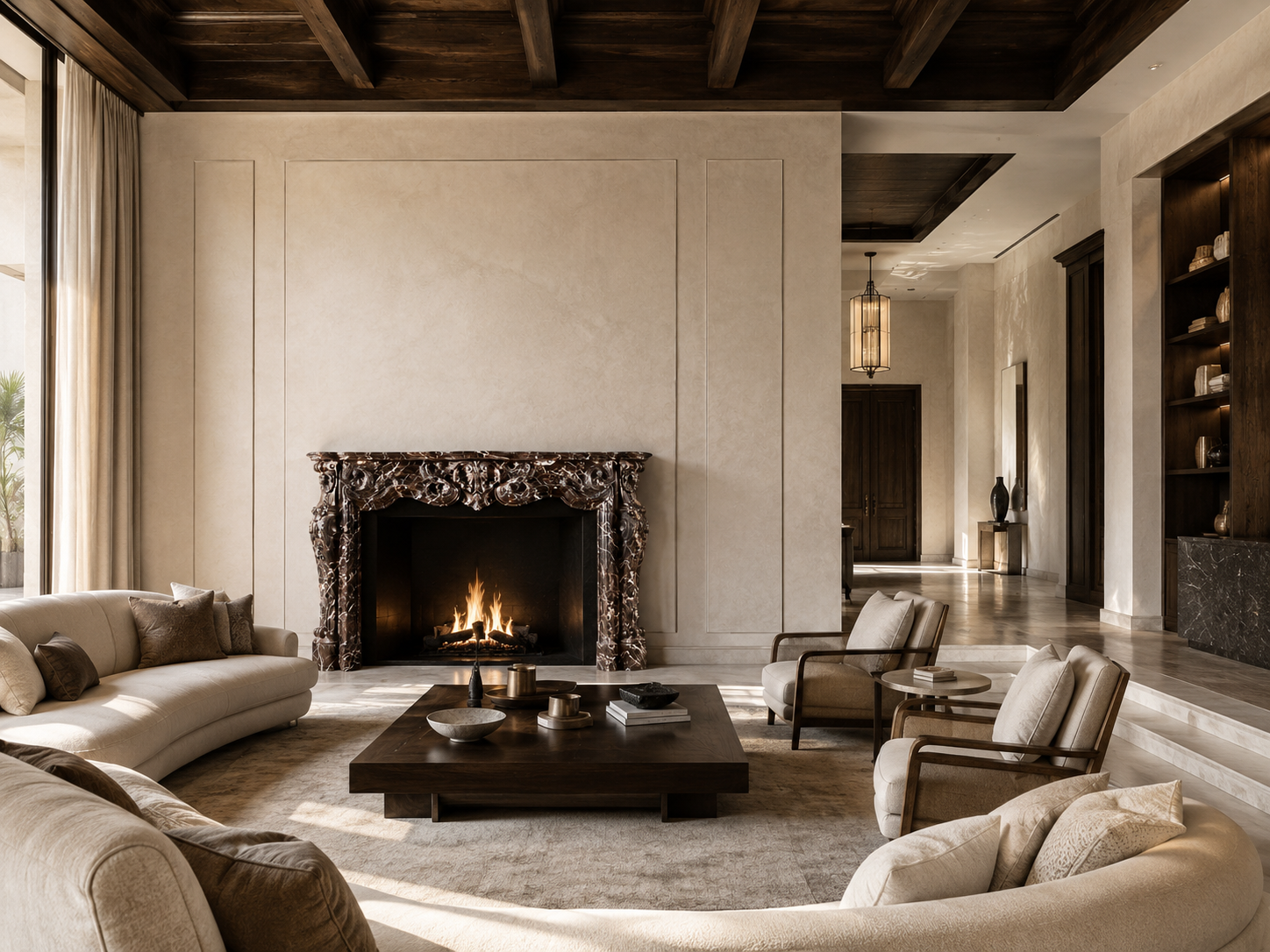 Granata plum marble fireplace mantel by 1-OPH, in a Dubai interior