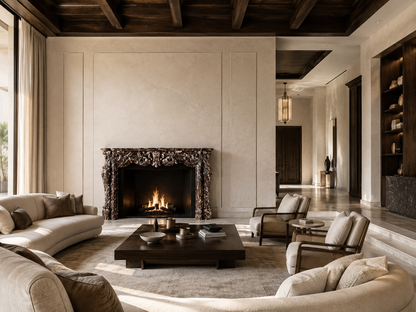 Granata plum marble fireplace mantel by 1-OPH, in a Dubai interior
