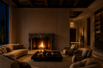 Granata plum marble fireplace mantel by 1-OPH, lit at night