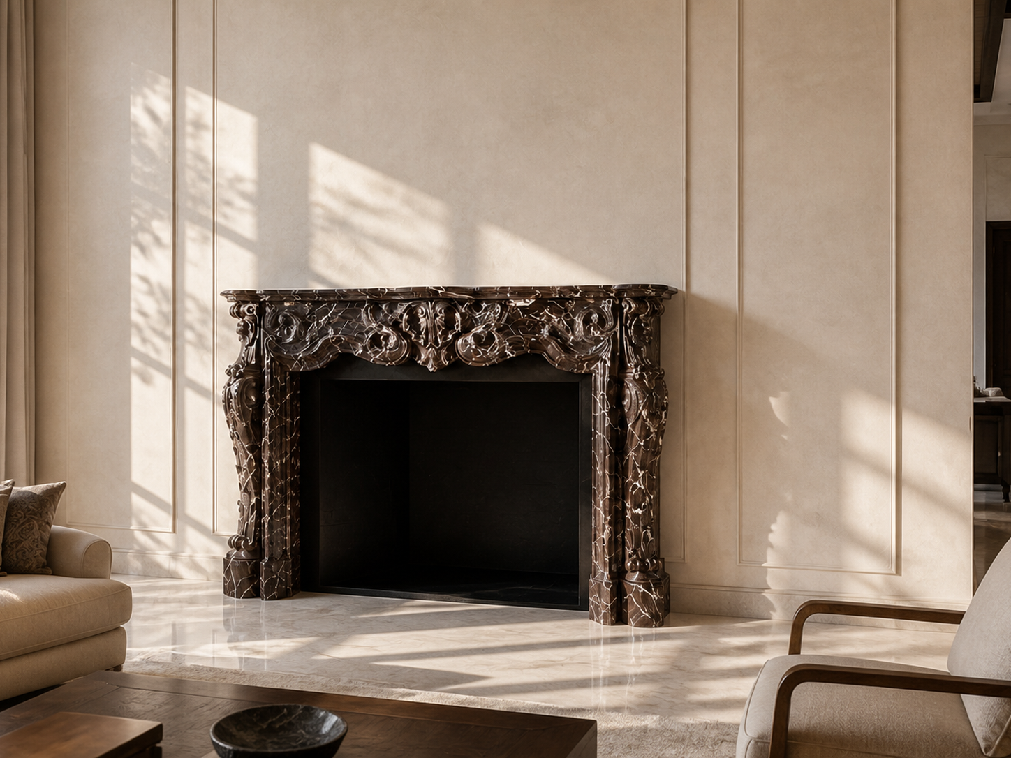 Granata plum marble fireplace mantel by 1-OPH, carved detail