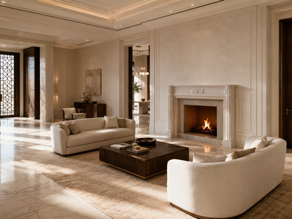 Hana pale limestone fireplace mantel by 1-OPH, in a Dubai interior