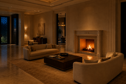 Hana pale limestone fireplace mantel by 1-OPH, lit at night