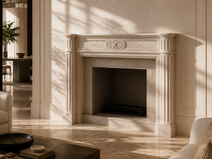 Hana pale limestone fireplace mantel by 1-OPH, carved detail