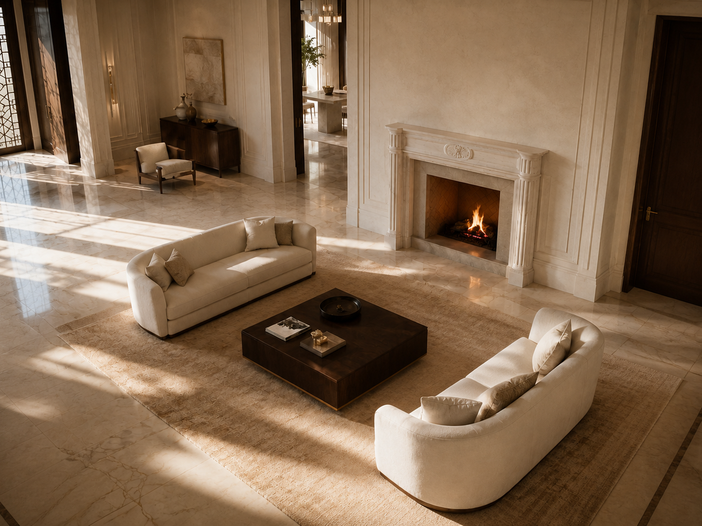 Hana pale limestone fireplace mantel by 1-OPH, seen from above
