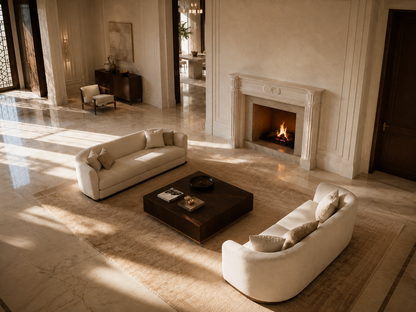 Hana pale limestone fireplace mantel by 1-OPH, seen from above