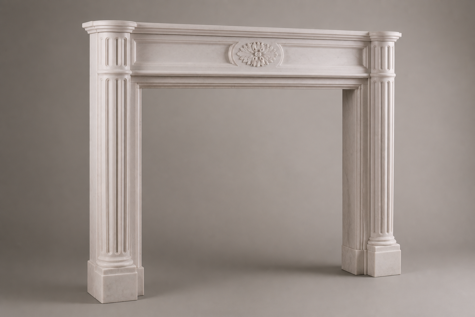 Hana pale limestone fireplace mantel by 1-OPH, studio view