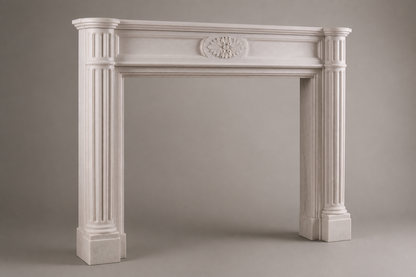 Hana pale limestone fireplace mantel by 1-OPH, studio view