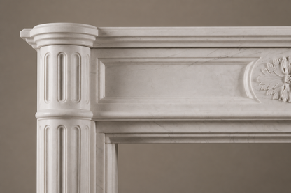 Hana pale limestone fireplace mantel by 1-OPH, surface detail