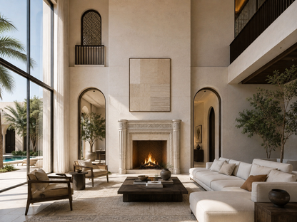 Salina pale marble fireplace mantel by 1-OPH, in a Dubai interior