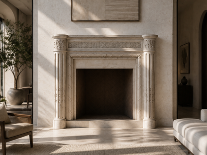 Salina pale marble fireplace mantel by 1-OPH, carved detail