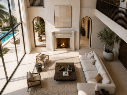 Salina pale marble fireplace mantel by 1-OPH, seen from above