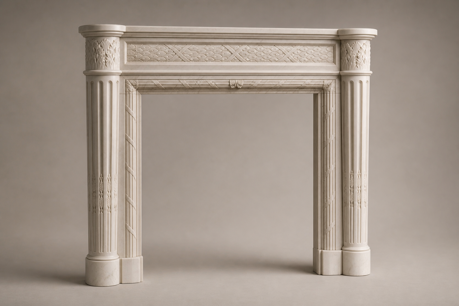 Salina pale marble fireplace mantel by 1-OPH, studio view