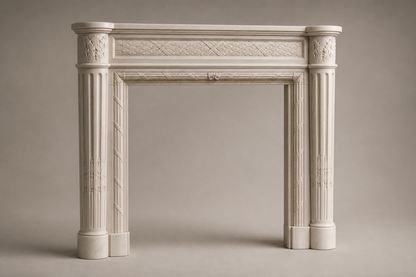 Salina pale marble fireplace mantel by 1-OPH, studio view