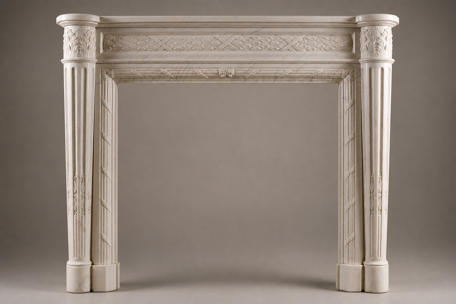 Salina pale marble fireplace mantel by 1-OPH, side elevation