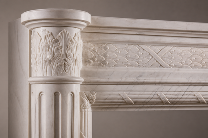 Salina pale marble fireplace mantel by 1-OPH, surface detail