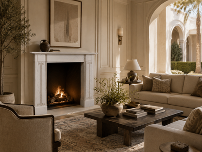 Sabah pale limestone fireplace mantel by 1-OPH, in a Dubai interior