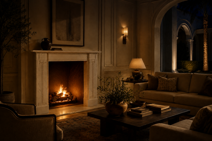 Sabah pale limestone fireplace mantel by 1-OPH, lit at night