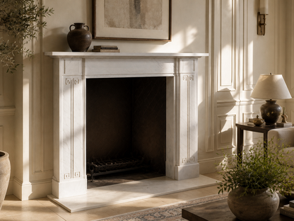 Sabah pale limestone fireplace mantel by 1-OPH, carved detail