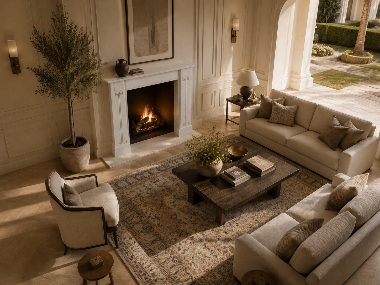 Sabah pale limestone fireplace mantel by 1-OPH, seen from above