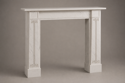 Sabah pale limestone fireplace mantel by 1-OPH, studio view