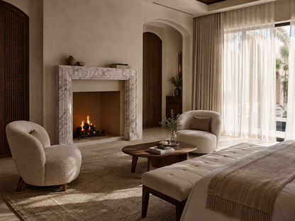Remanso breccia viola marble fireplace mantel by 1-OPH, in a Dubai interior