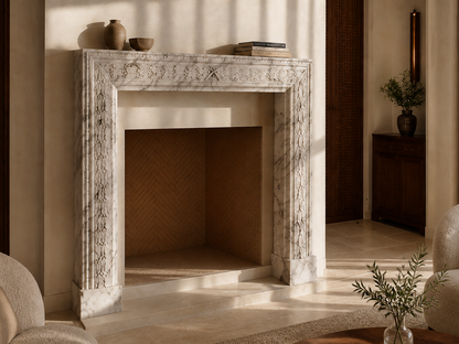 Remanso breccia viola marble fireplace mantel by 1-OPH, carved detail