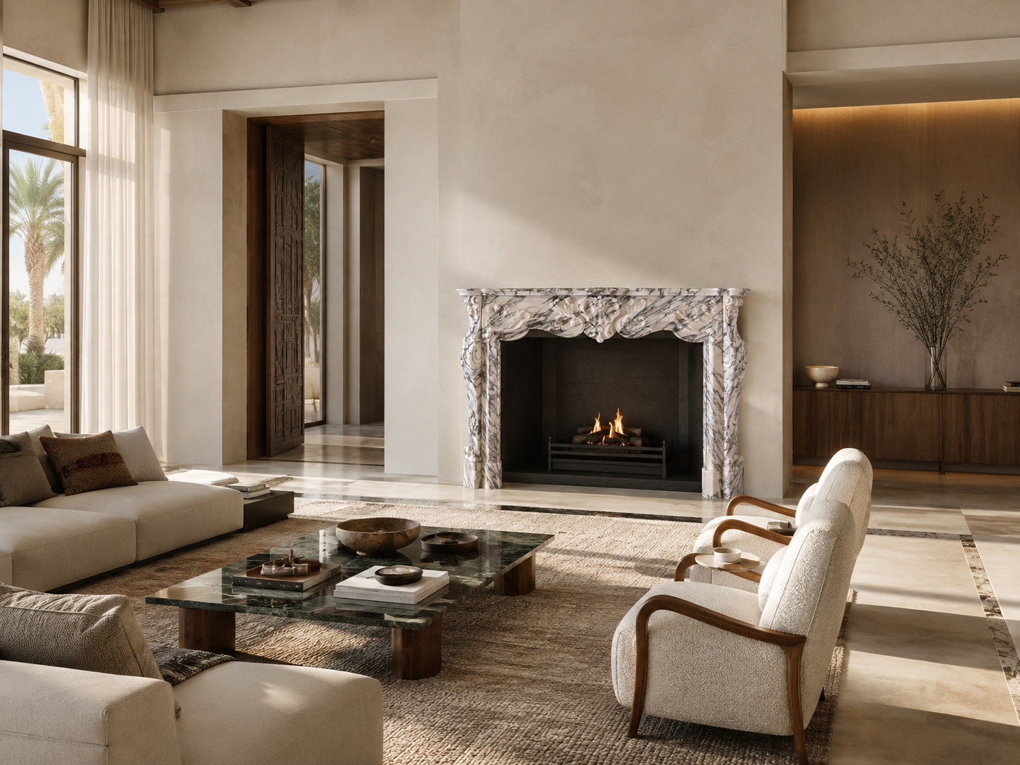 Marisma breccia viola marble fireplace mantel by 1-OPH, in a Dubai interior