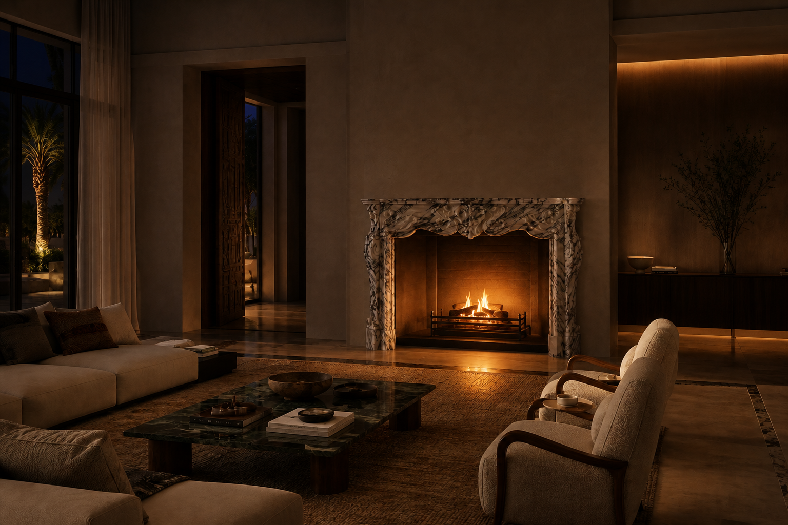 Marisma breccia viola marble fireplace mantel by 1-OPH, lit at night