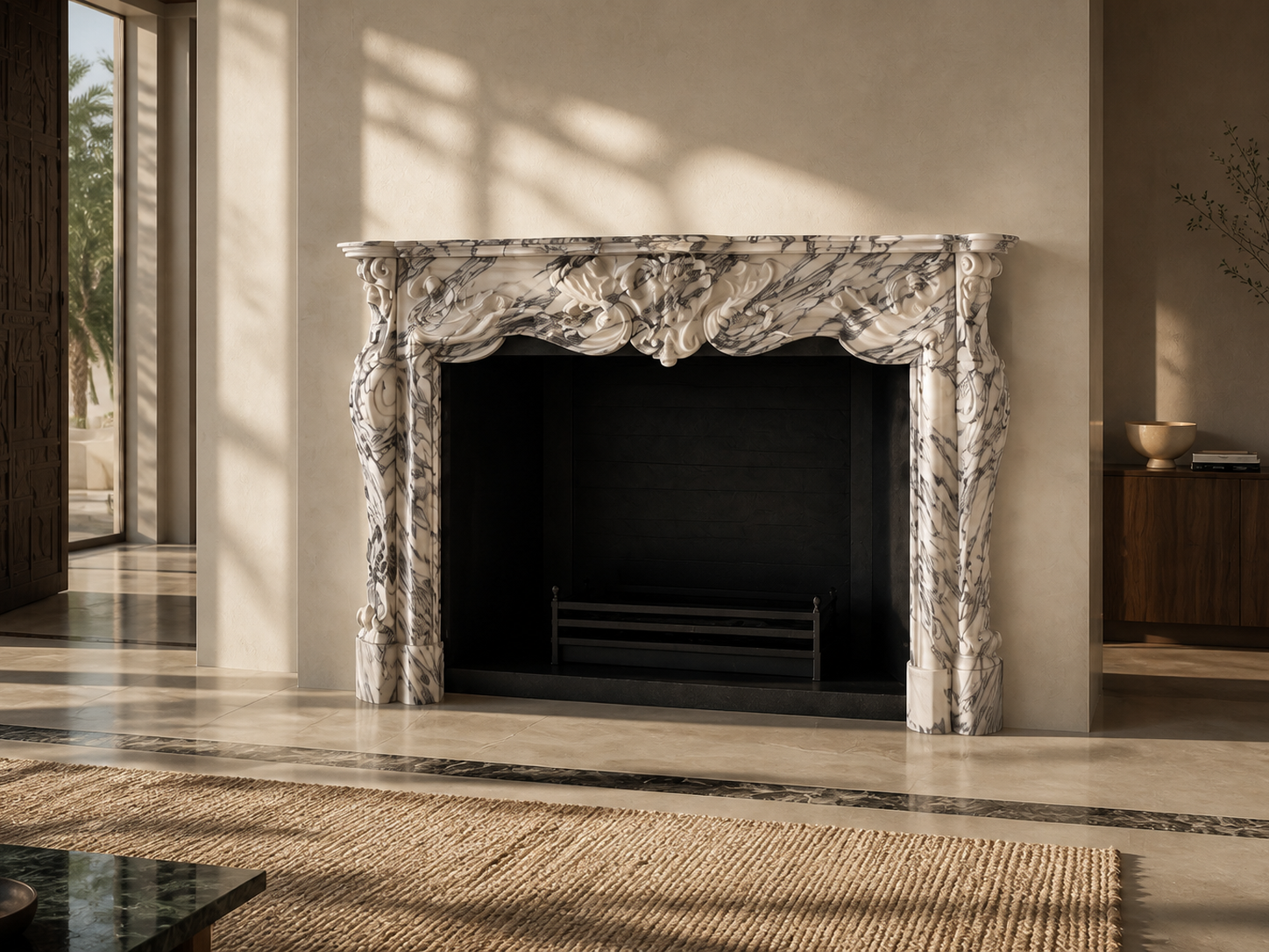 Marisma breccia viola marble fireplace mantel by 1-OPH, carved detail