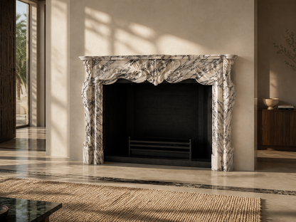 Marisma breccia viola marble fireplace mantel by 1-OPH, carved detail