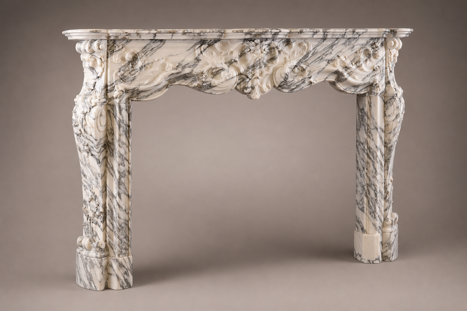 Marisma breccia viola marble fireplace mantel by 1-OPH, studio view