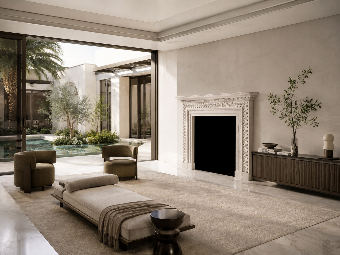 Kaori pale limestone fireplace mantel by 1-OPH, in a Dubai interior