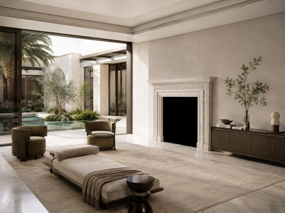 Kaori pale limestone fireplace mantel by 1-OPH, in a Dubai interior