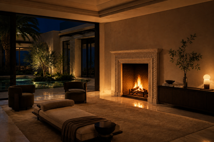 Kaori pale limestone fireplace mantel by 1-OPH, lit at night