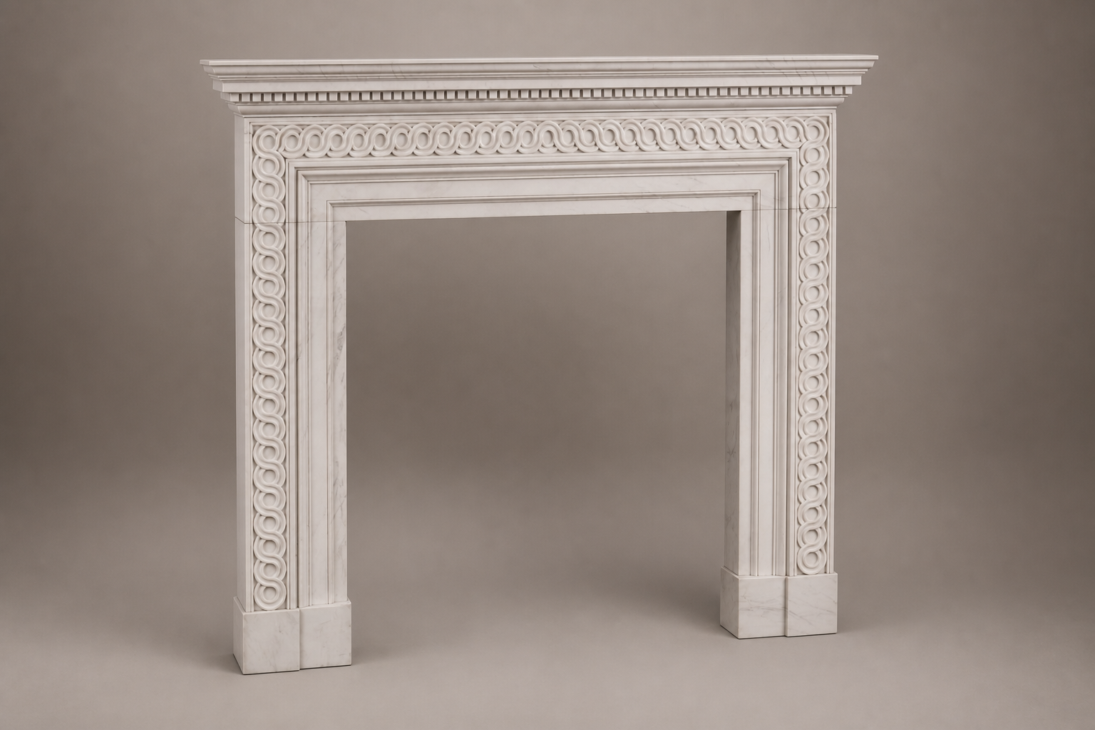 Kaori pale limestone fireplace mantel by 1-OPH, studio view