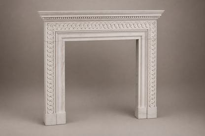 Kaori pale limestone fireplace mantel by 1-OPH, studio view